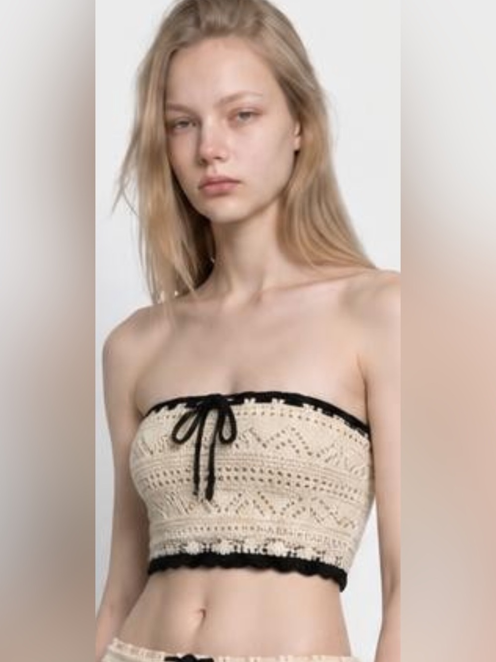 Hollister Co. Cream Black Crochet Knit Smocked Tube Top Coquette M